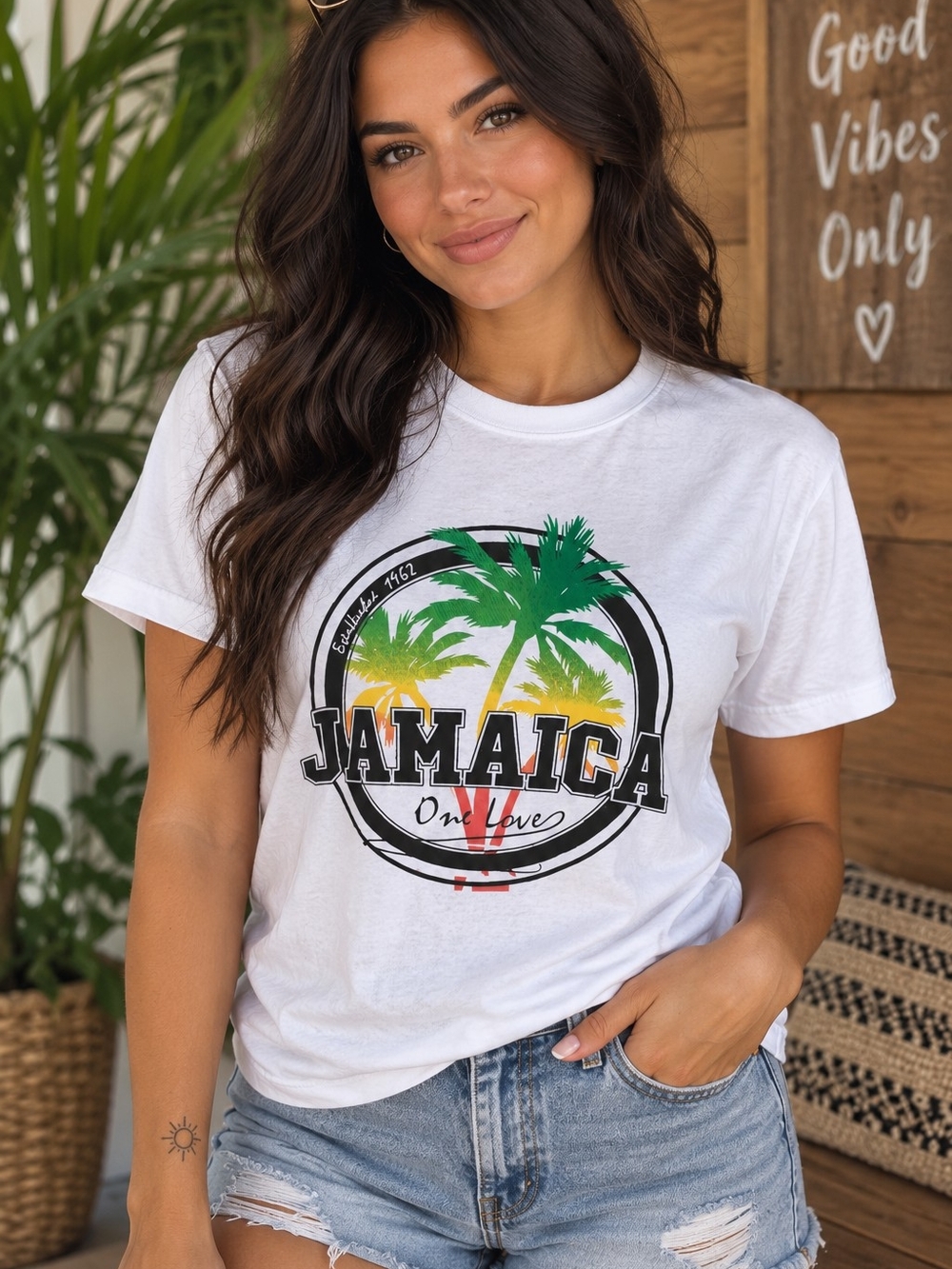 NWOT Jamaica Graphic Tee - White Palm Print